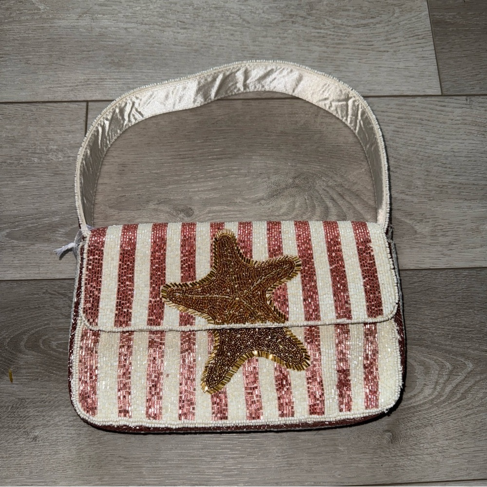 Viral Beaded Pink Stripe And Gold Starfish Shoulder Bag